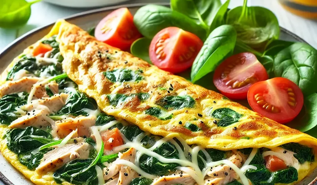 High Protein Spinach & Chicken Omelette served on a plate with a side of avocado, showcasing vibrant green spinach, tender chicken, and melted cheese in a fluffy omelette.