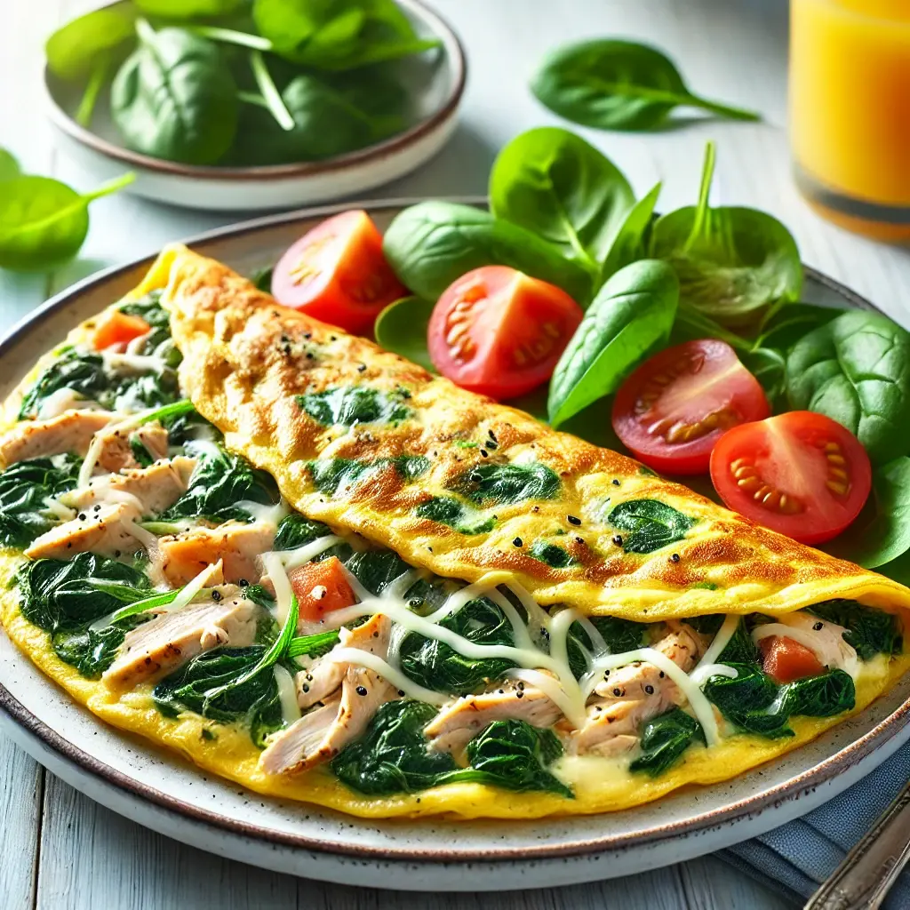 High Protein Spinach & Chicken Omelette served on a plate with a side of avocado, showcasing vibrant green spinach, tender chicken, and melted cheese in a fluffy omelette.