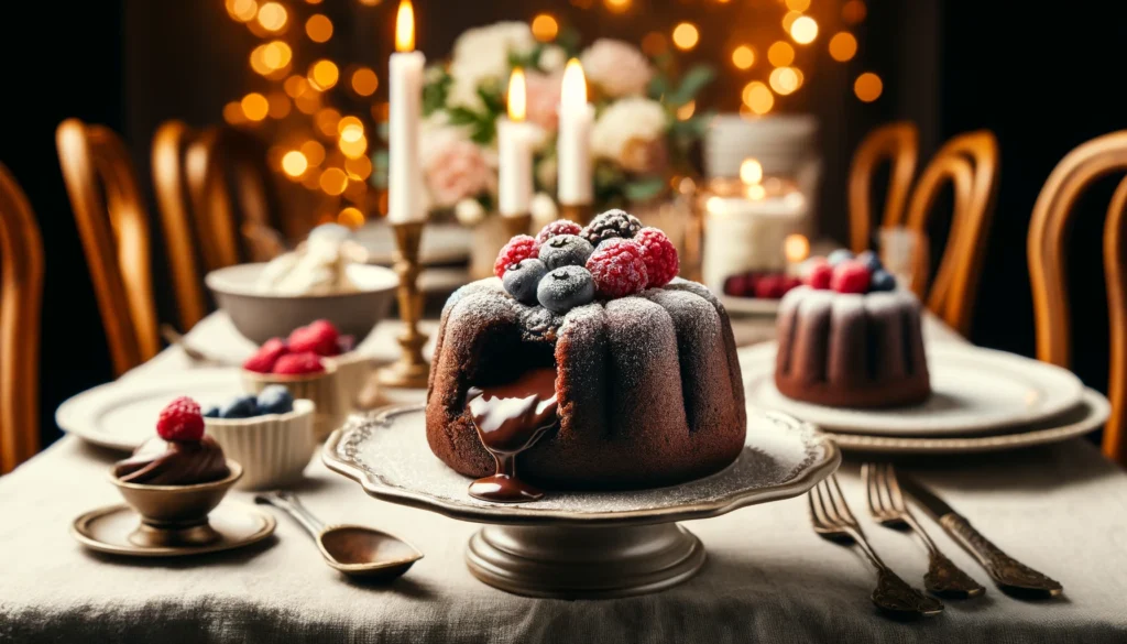 Chocolate lava cake served on a white plate with molten chocolate oozing from the center, garnished with powdered sugar and fresh raspberries.