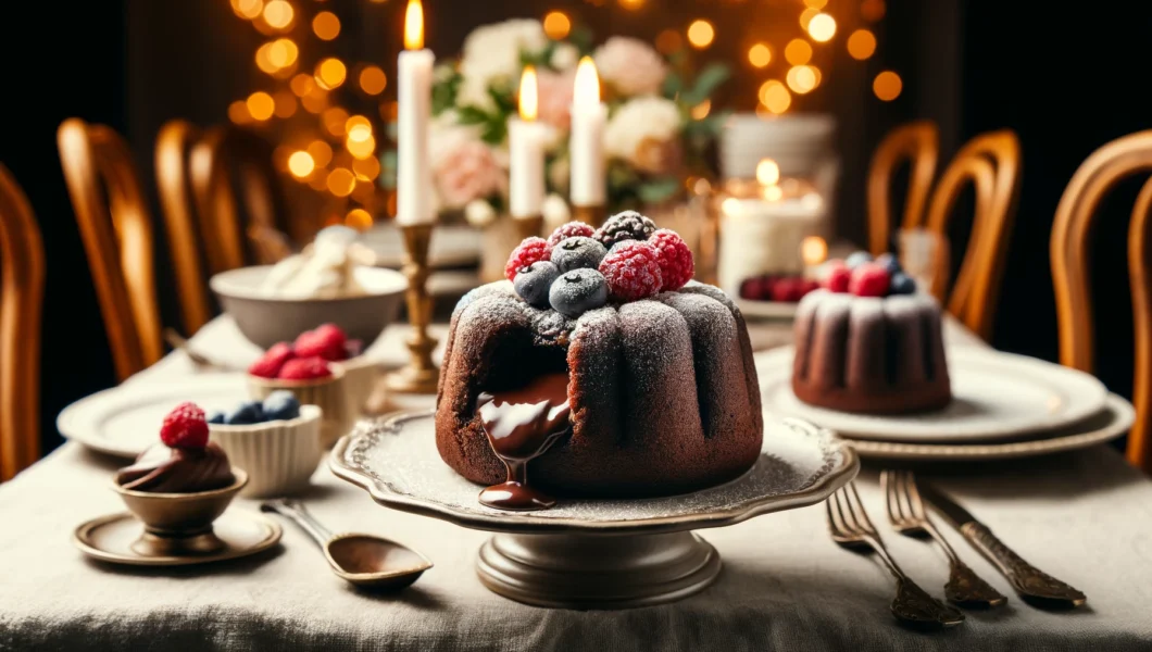 Chocolate lava cake served on a white plate with molten chocolate oozing from the center, garnished with powdered sugar and fresh raspberries.