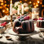 Chocolate lava cake served on a white plate with molten chocolate oozing from the center, garnished with powdered sugar and fresh raspberries.