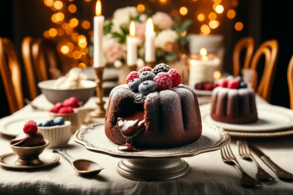 Chocolate lava cake served on a white plate with molten chocolate oozing from the center, garnished with powdered sugar and fresh raspberries.