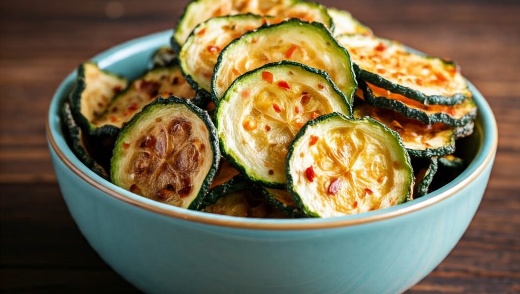 Baked zucchini chips arranged on a tray, golden and crispy, with a sprinkle of seasoning and fresh herbs.