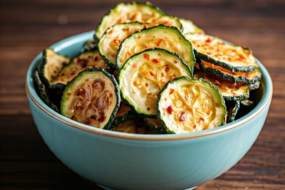 Baked zucchini chips arranged on a tray, golden and crispy, with a sprinkle of seasoning and fresh herbs.