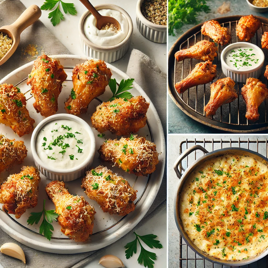 Golden-brown wings on a wire rack for perfect crispiness.
Rich garlic parmesan sauce bubbling in a saucepan, ready to coat the wings.