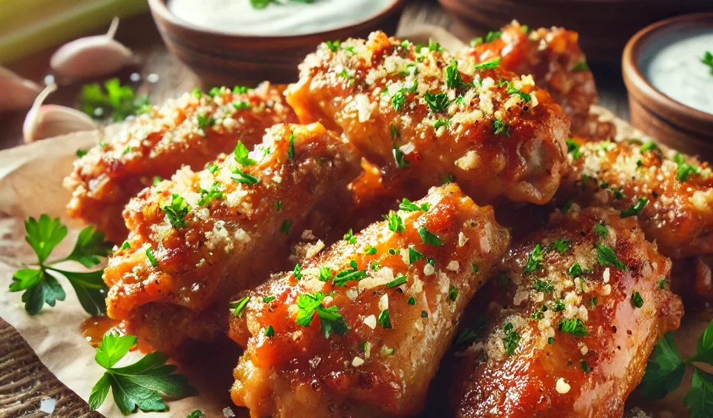 A close-up shot of crispy garlic parmesan wings garnished with parsley, served with dipping sauces.