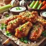 A close-up shot of crispy garlic parmesan wings garnished with parsley, served with dipping sauces.