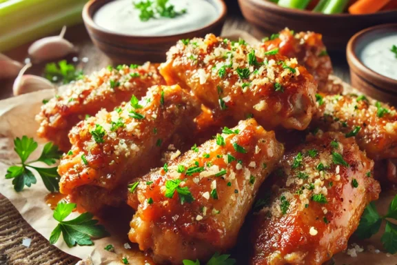 A close-up shot of crispy garlic parmesan wings garnished with parsley, served with dipping sauces.