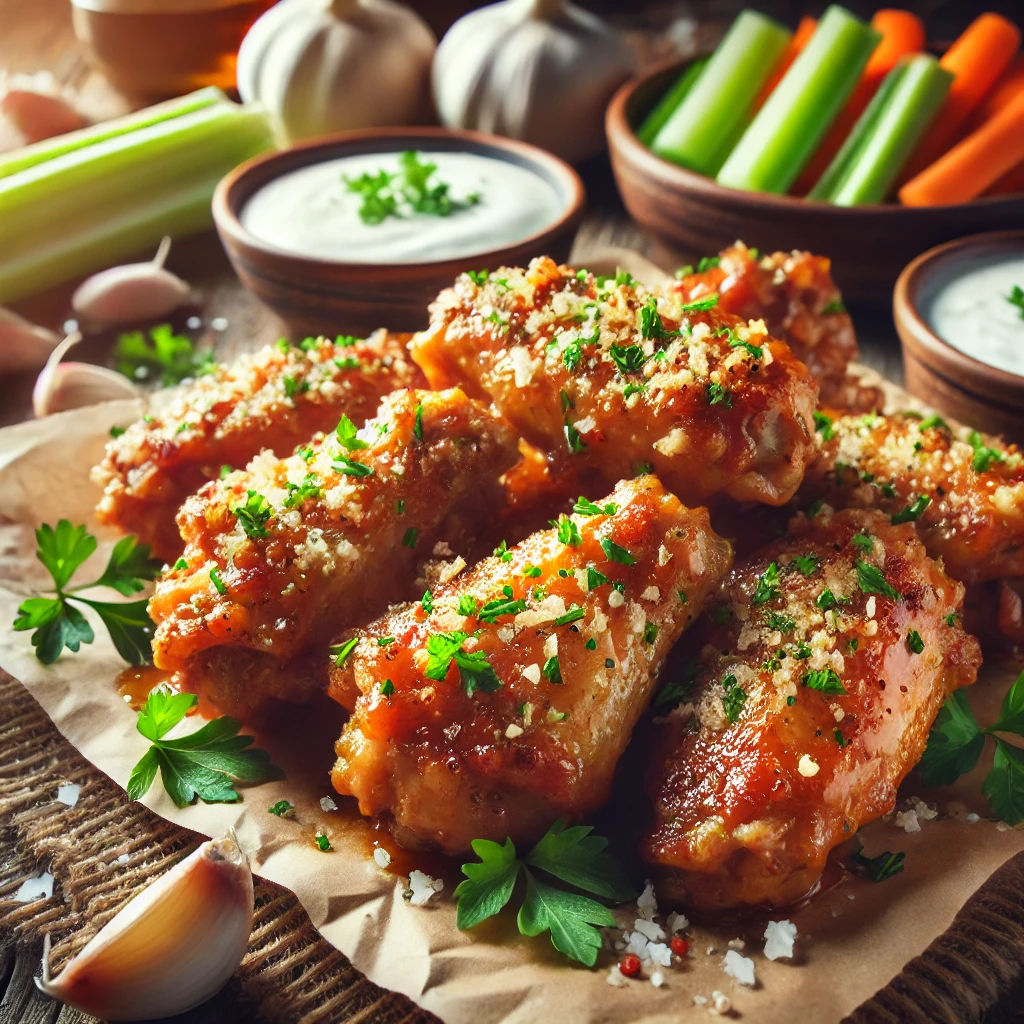 A close-up shot of crispy garlic parmesan wings garnished with parsley, served with dipping sauces.