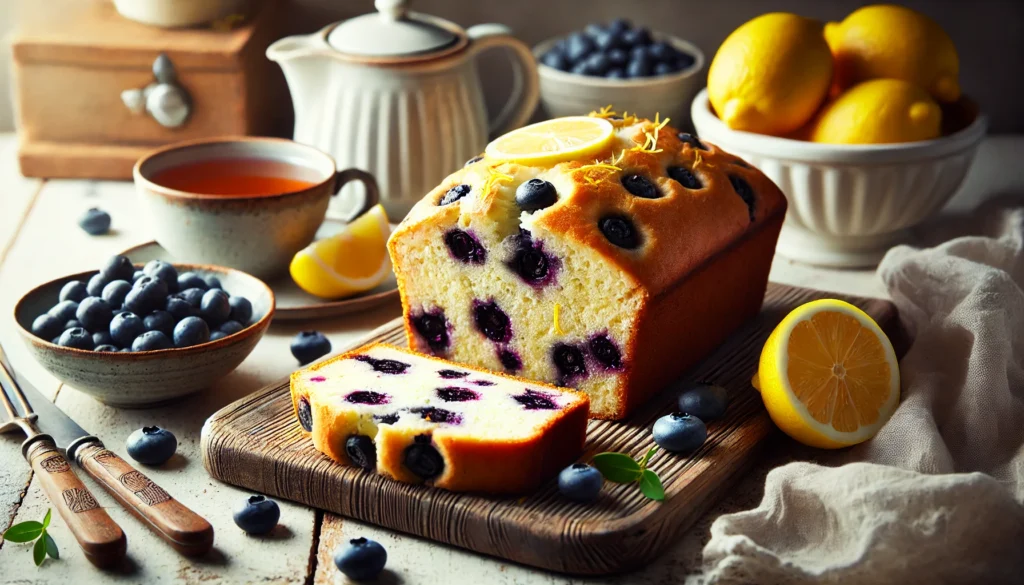 A freshly baked Lemon Blueberry Loaf with a golden-brown crust and vibrant blueberries, drizzled with a lemon glaze.