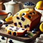 A freshly baked Lemon Blueberry Loaf with a golden-brown crust and vibrant blueberries, drizzled with a lemon glaze.