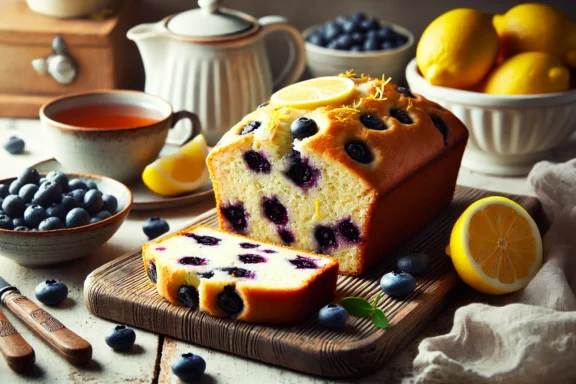 A freshly baked Lemon Blueberry Loaf with a golden-brown crust and vibrant blueberries, drizzled with a lemon glaze.