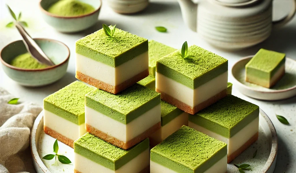 Perfectly baked Matcha Cheesecake Bars with a creamy texture and vibrant green color.