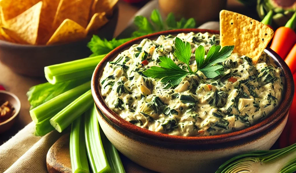 Cheesy spinach and artichoke dip served in a baking dish with tortilla chips on the side