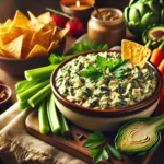 Cheesy spinach and artichoke dip served in a baking dish with tortilla chips on the side