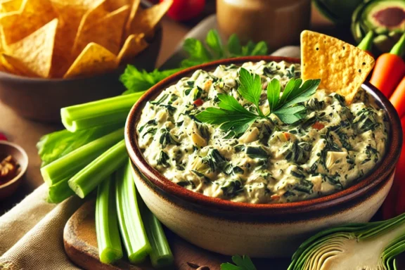 Cheesy spinach and artichoke dip served in a baking dish with tortilla chips on the side