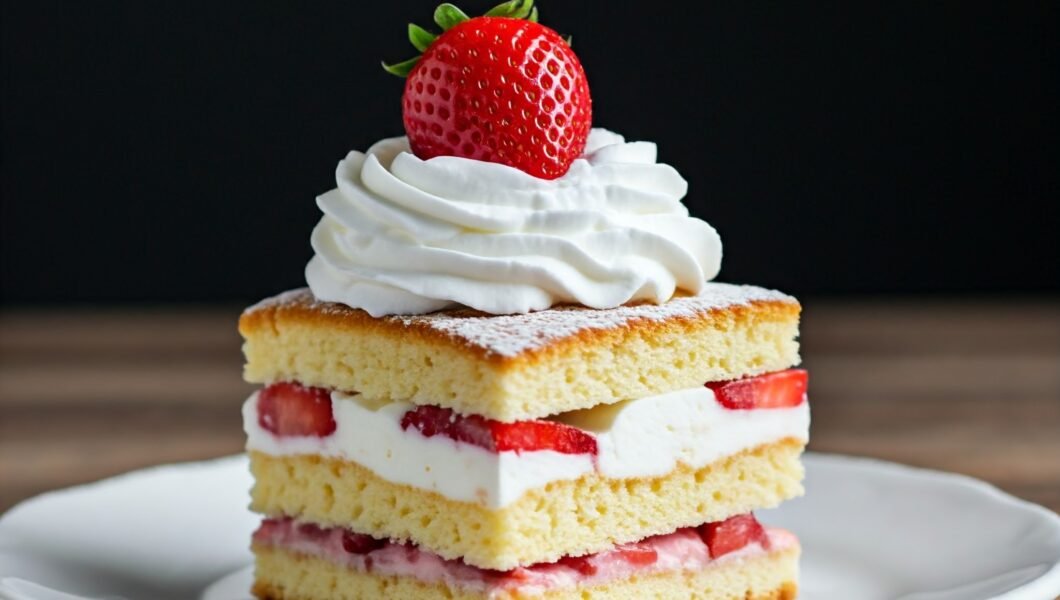 Layered Strawberry Shortcake Trifle in a glass jar with fresh strawberries, whipped cream, and vanilla cake cubes.