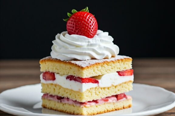 Layered Strawberry Shortcake Trifle in a glass jar with fresh strawberries, whipped cream, and vanilla cake cubes.