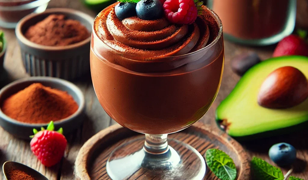 A bowl of vegan chocolate mousse with avocado, garnished with fresh raspberries and a sprinkle of cocoa powder, served in a sleek glass dish.