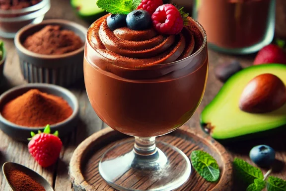 A bowl of vegan chocolate mousse with avocado, garnished with fresh raspberries and a sprinkle of cocoa powder, served in a sleek glass dish.