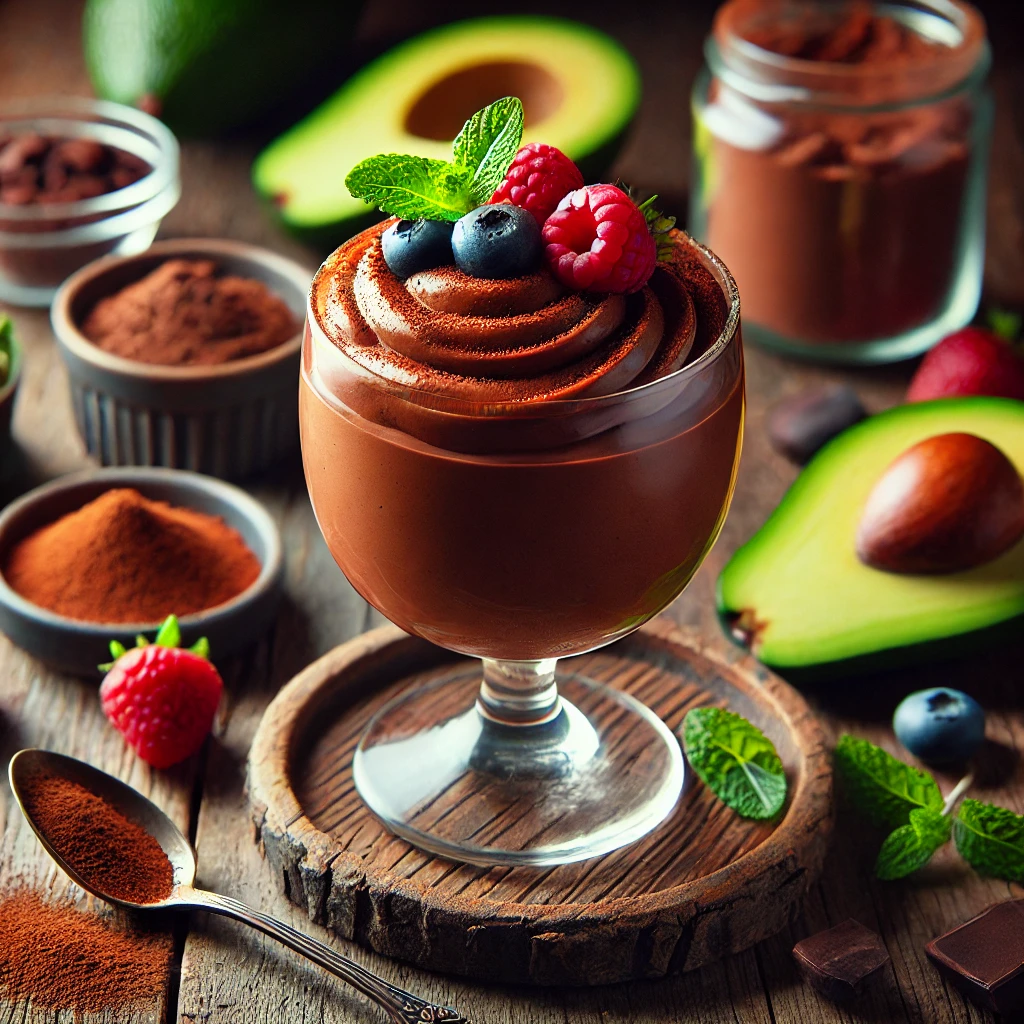 A bowl of vegan chocolate mousse with avocado, garnished with fresh raspberries and a sprinkle of cocoa powder, served in a sleek glass dish.