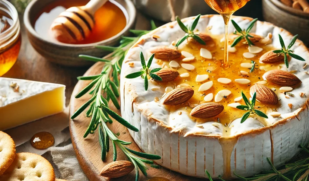 Baked Brie with Honey and Almonds served with crackers, garnished with fresh thyme.