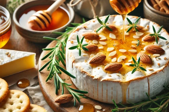 Baked Brie with Honey and Almonds served with crackers, garnished with fresh thyme.