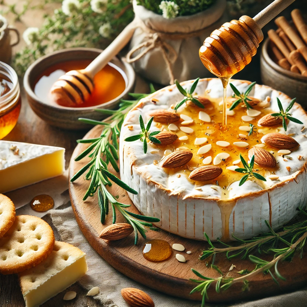 Baked Brie with Honey and Almonds served with crackers, garnished with fresh thyme.