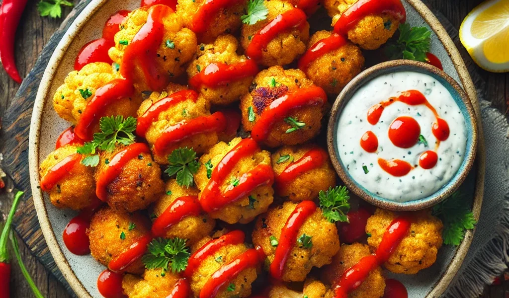 Crispy buffalo cauliflower bites with a golden-brown crust, served with dipping sauce on a plate