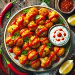 Crispy buffalo cauliflower bites with a golden-brown crust, served with dipping sauce on a plate