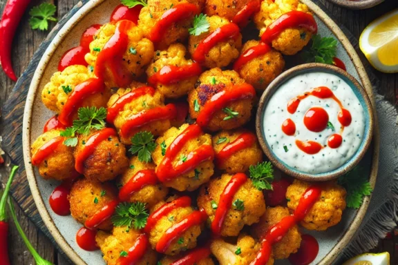 Crispy buffalo cauliflower bites with a golden-brown crust, served with dipping sauce on a plate