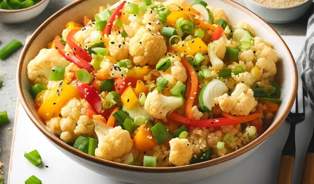 A bowl of cauliflower fried rice with vegetables and a garnish of green onions, showcasing a healthy, low-carb alternative to traditional fried rice.