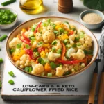 A bowl of cauliflower fried rice with vegetables and a garnish of green onions, showcasing a healthy, low-carb alternative to traditional fried rice.