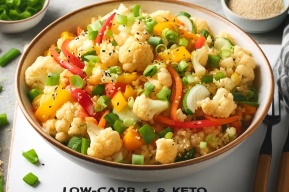 A bowl of cauliflower fried rice with vegetables and a garnish of green onions, showcasing a healthy, low-carb alternative to traditional fried rice.