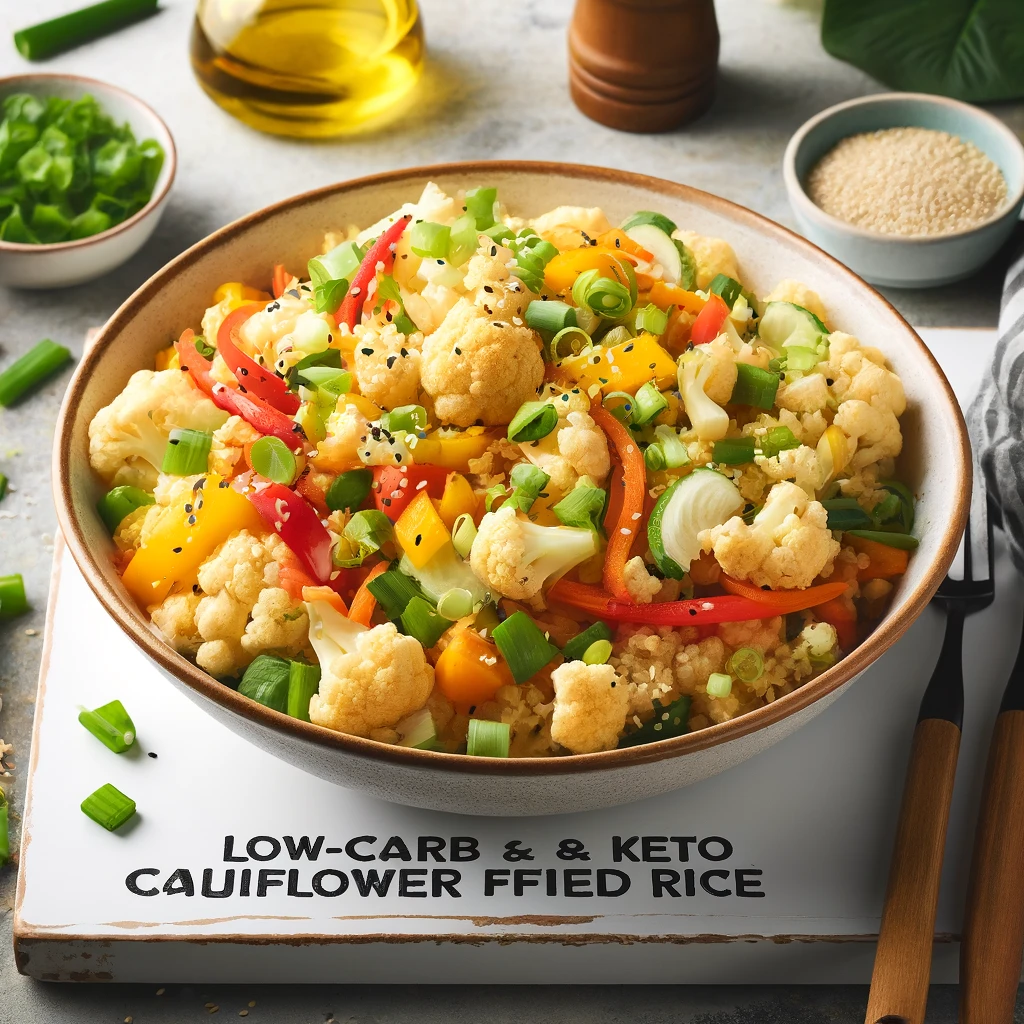 A bowl of cauliflower fried rice with vegetables and a garnish of green onions, showcasing a healthy, low-carb alternative to traditional fried rice.