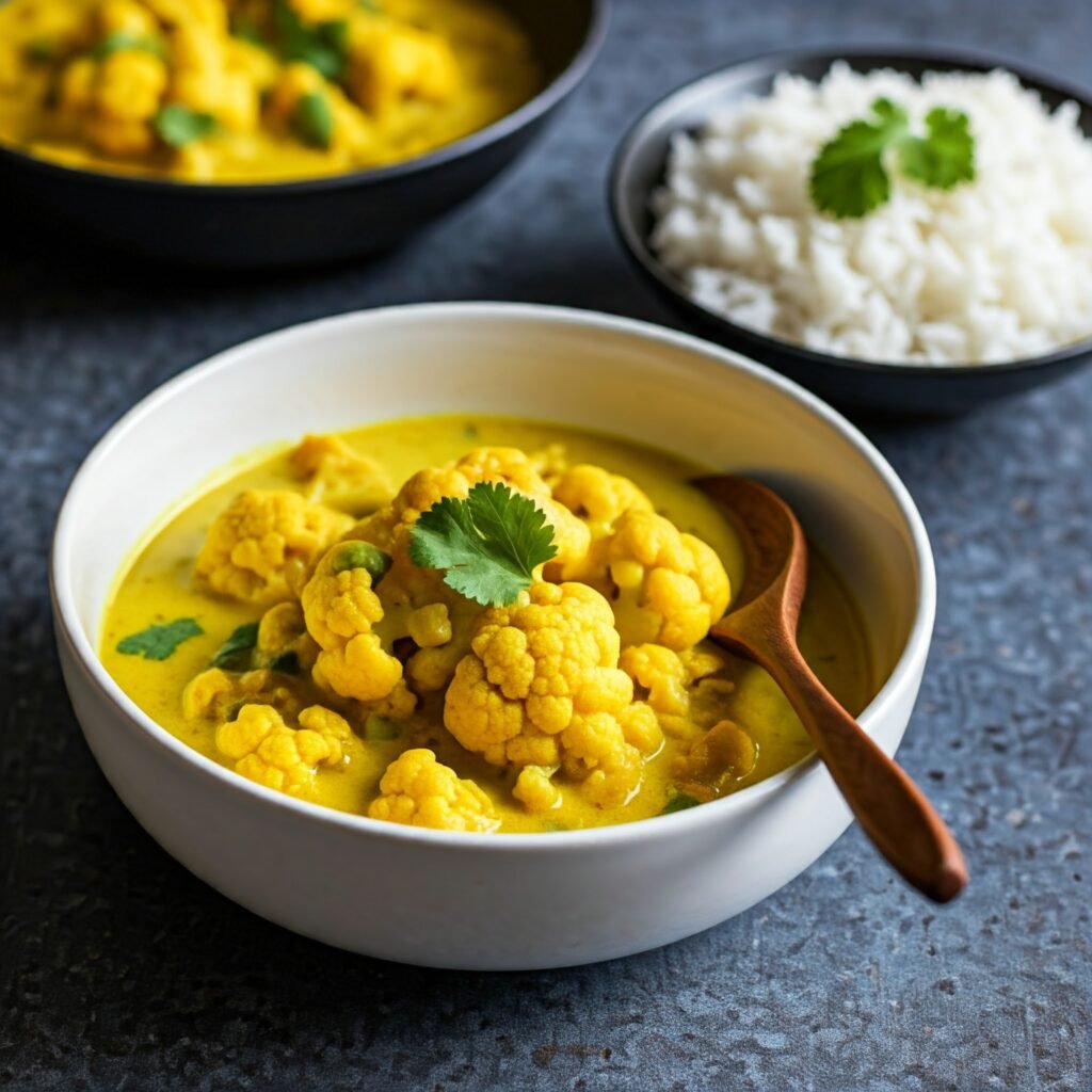 A bowl of Coconut Cauliflower Curry with vibrant cauliflower florets, spinach, and creamy coconut milk, garnished with fresh cilantro.