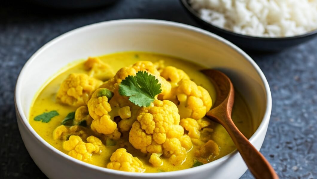 A bowl of Coconut Cauliflower Curry with vibrant cauliflower florets, spinach, and creamy coconut milk, garnished with fresh cilantro.