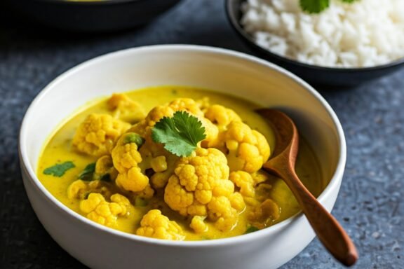 A bowl of Coconut Cauliflower Curry with vibrant cauliflower florets, spinach, and creamy coconut milk, garnished with fresh cilantro.