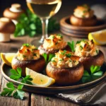 A plate of golden-baked crab-stuffed mushrooms, garnished with fresh parsley, served on a white dish, perfect as an elegant appetizer.