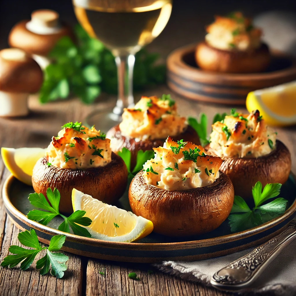 A plate of golden-baked crab-stuffed mushrooms, garnished with fresh parsley, served on a white dish, perfect as an elegant appetizer.