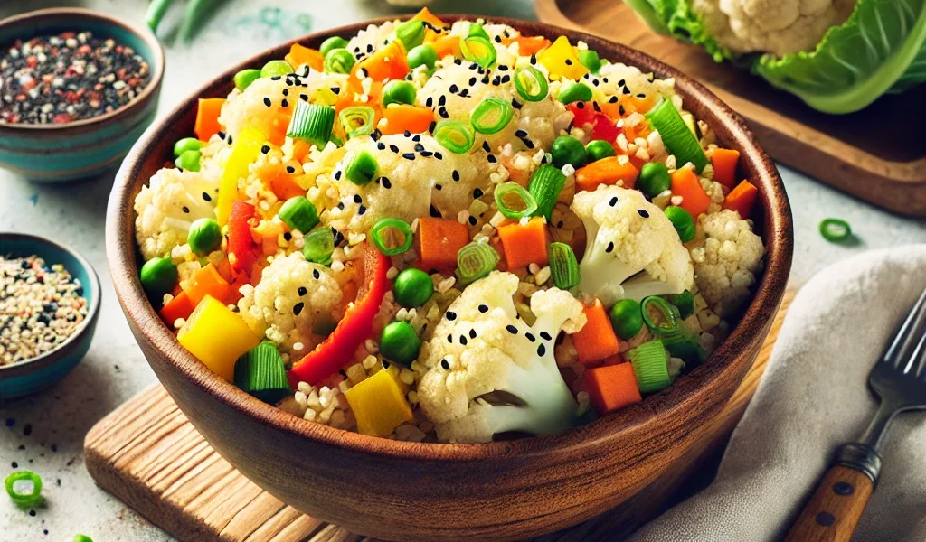 A bowl of colorful cauliflower fried rice with vegetables, garnished with green onions and sesame seeds, served on a wooden table.