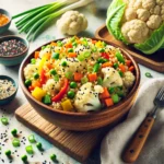 A bowl of colorful cauliflower fried rice with vegetables, garnished with green onions and sesame seeds, served on a wooden table.