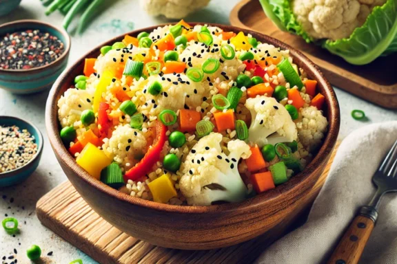 A bowl of colorful cauliflower fried rice with vegetables, garnished with green onions and sesame seeds, served on a wooden table.