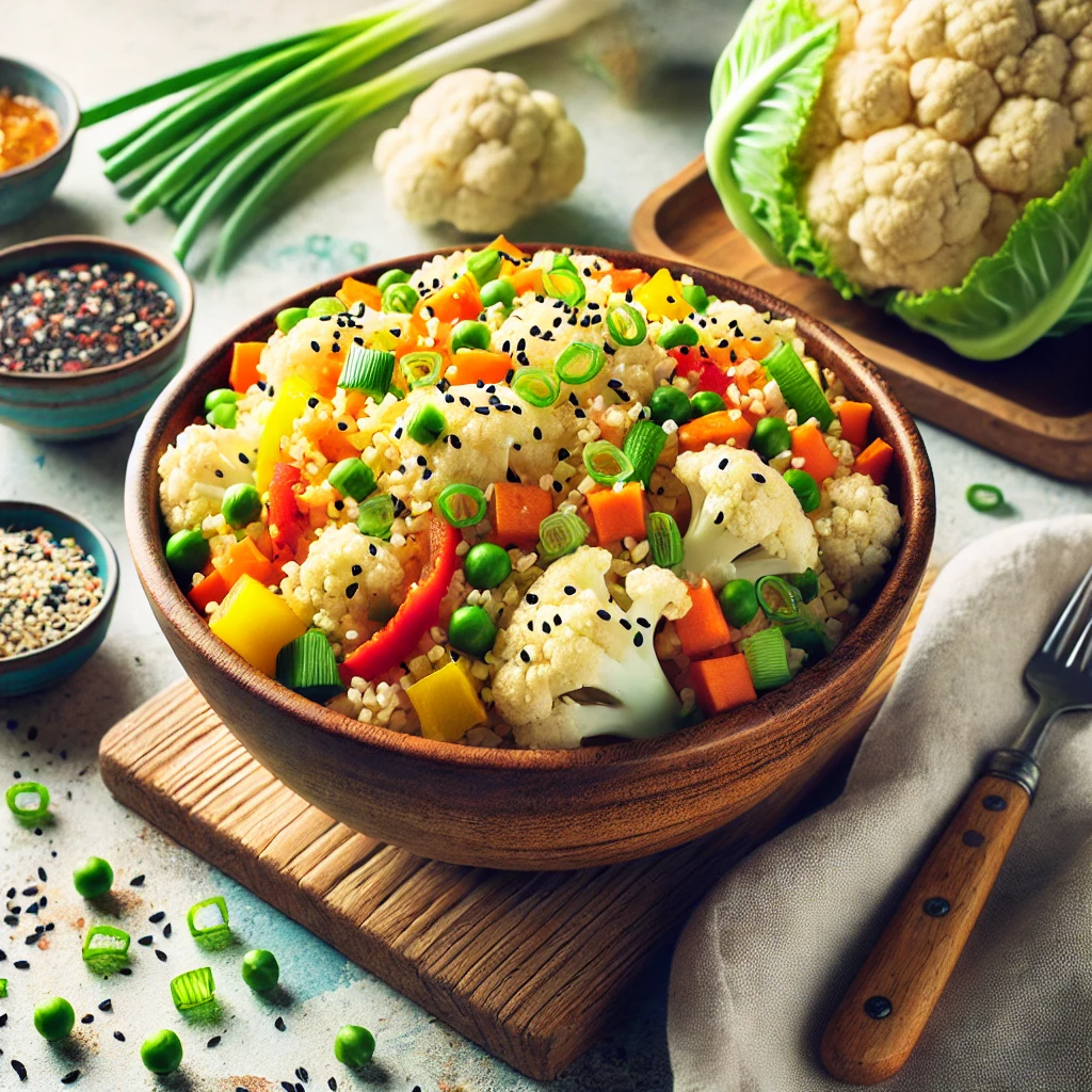 A bowl of colorful cauliflower fried rice with vegetables, garnished with green onions and sesame seeds, served on a wooden table.