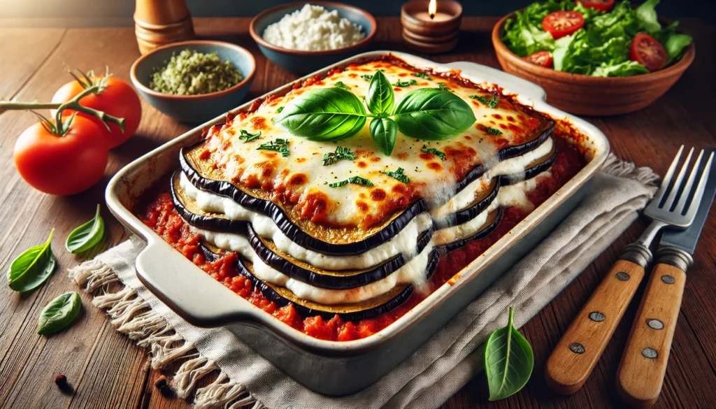 Freshly baked low-carb and keto eggplant lasagna in a white casserole dish, featuring layers of golden-brown melted cheese, rich marinara sauce, and sliced eggplant. Surrounded by fresh ingredients including whole eggplants, basil leaves, a bowl of marinara sauce, and shredded cheese on a rustic wooden surface.