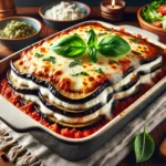 Freshly baked low-carb and keto eggplant lasagna in a white casserole dish, featuring layers of golden-brown melted cheese, rich marinara sauce, and sliced eggplant. Surrounded by fresh ingredients including whole eggplants, basil leaves, a bowl of marinara sauce, and shredded cheese on a rustic wooden surface.