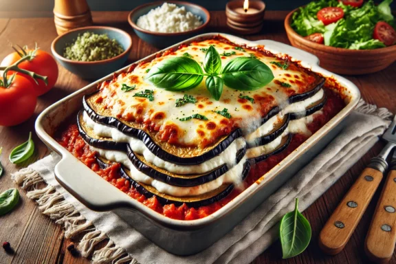 Freshly baked low-carb and keto eggplant lasagna in a white casserole dish, featuring layers of golden-brown melted cheese, rich marinara sauce, and sliced eggplant. Surrounded by fresh ingredients including whole eggplants, basil leaves, a bowl of marinara sauce, and shredded cheese on a rustic wooden surface.