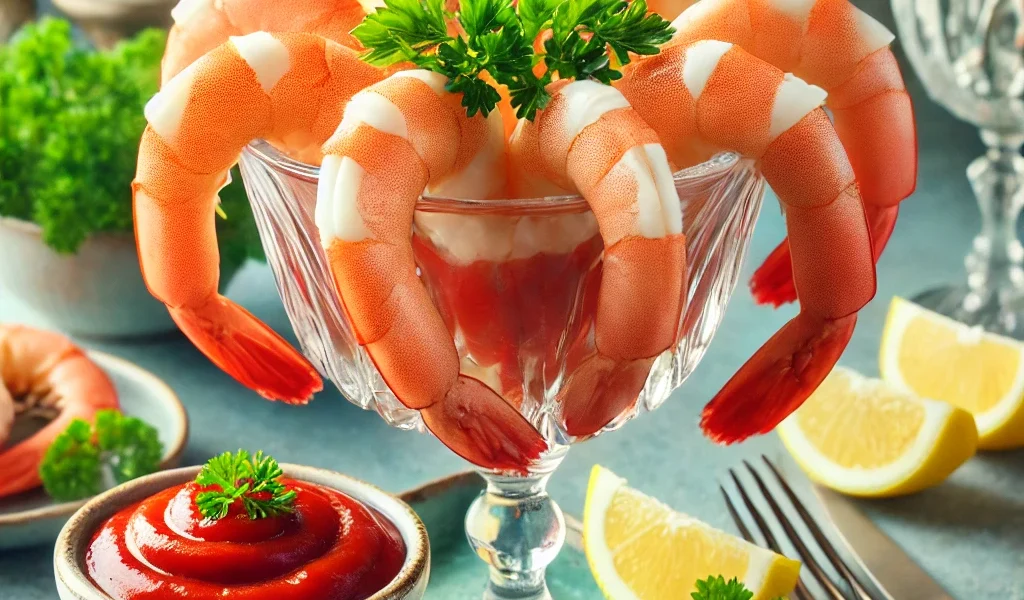 Spicy shrimp cocktail served with tangy sauce and garnished with lemon wedges, a perfect appetizer for any occasion.