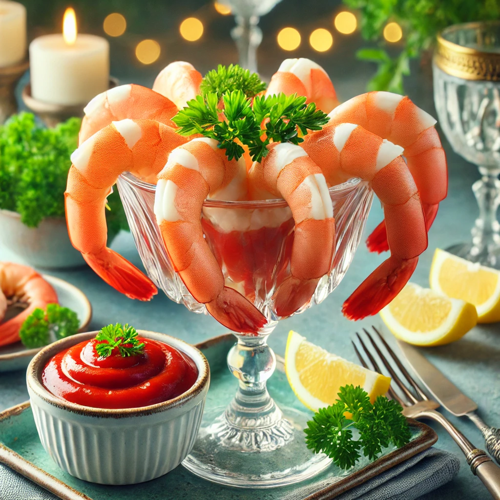 Spicy shrimp cocktail served with tangy sauce and garnished with lemon wedges, a perfect appetizer for any occasion.