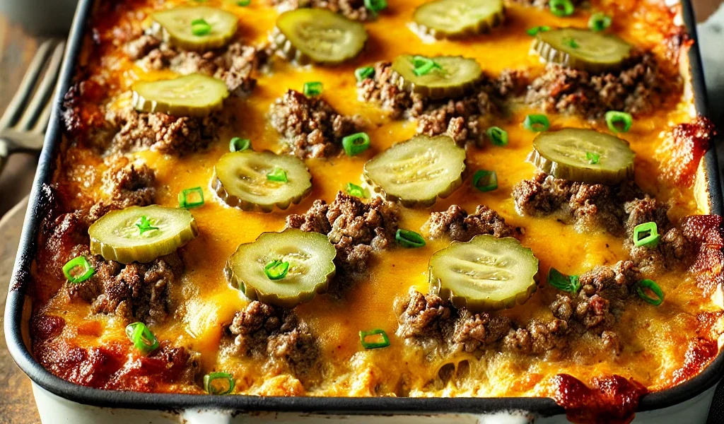 Keto cheeseburger casserole served in a baking dish with melted cheese and ground beef, perfect for a low-carb, family-friendly meal.